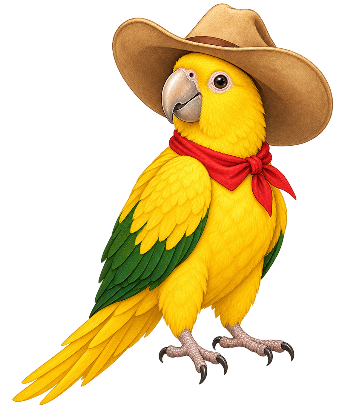 Lekoza's golden conure ambassador with folded wings, a wide-brimmed cowboy hat, and a red neckerchief